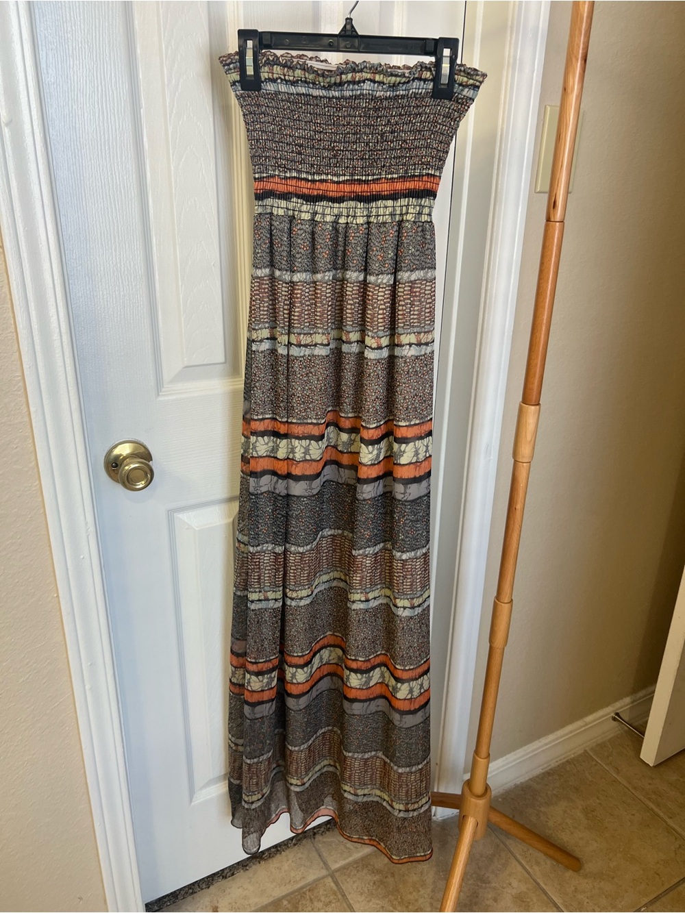 hello miss Strapless Maxi Dress in Brown, Orange & Cream Stripe